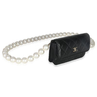 Chanel Black Quilted Calfskin Pearl Strap Mini Clutch With Chain Handbag pv