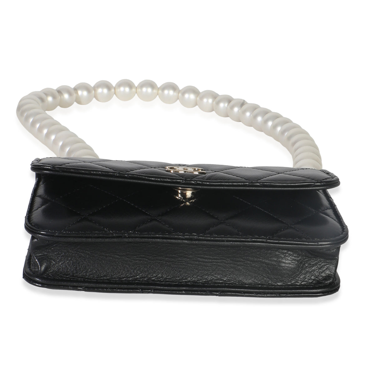 Chanel Black Quilted Calfskin Pearl Strap Mini Clutch With Chain Handbag stamp