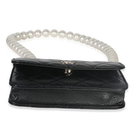 Chanel Black Quilted Calfskin Pearl Strap Mini Clutch With Chain Handbag stamp