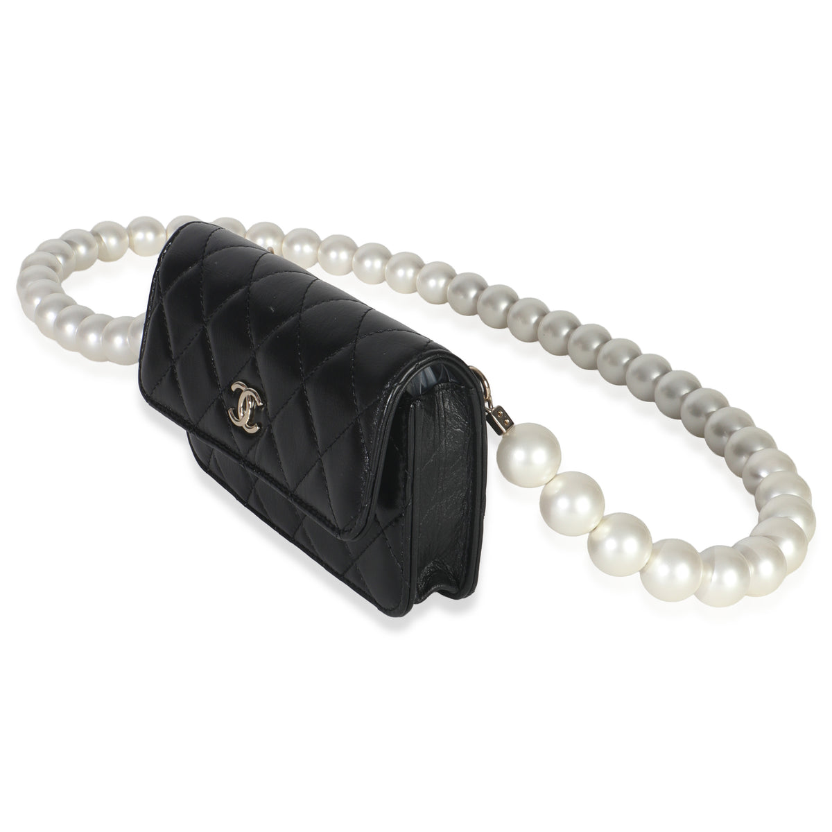 Chanel Black Quilted Calfskin Pearl Strap Mini Clutch With Chain Handbag sv