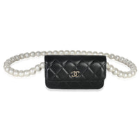 Black Quilted Calfskin Pearl Strap Mini Clutch With Chain