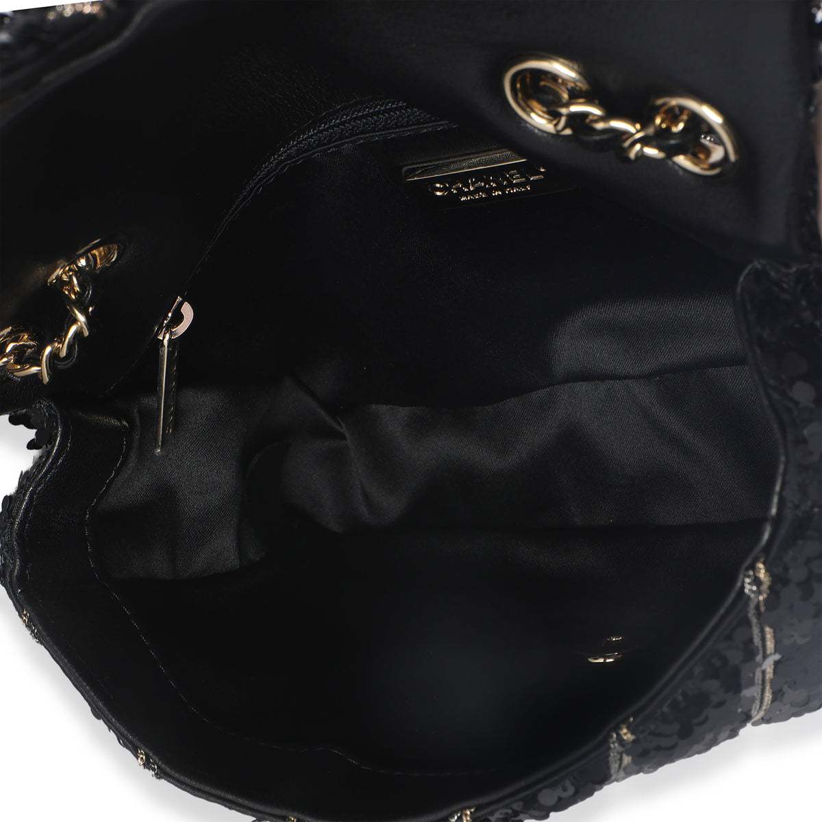 Black Silk Sequin Chain Chevron Mini Single Flap Bag