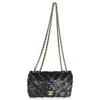 Black Silk Sequin Chain Chevron Mini Single Flap Bag