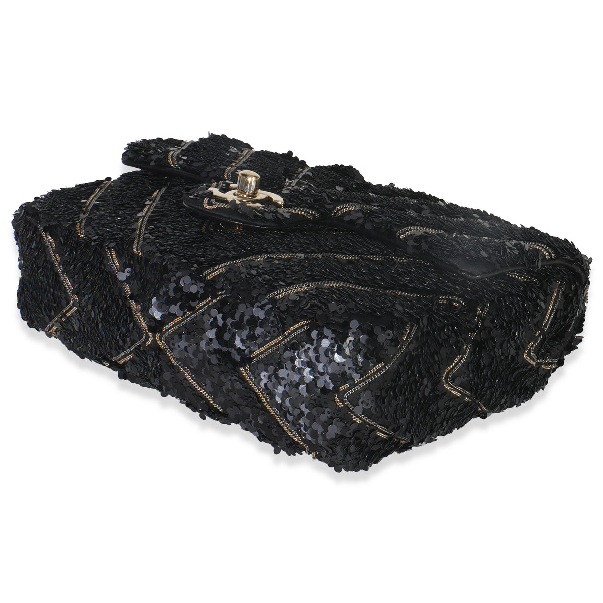 Black Silk Sequin Chain Chevron Mini Single Flap Bag