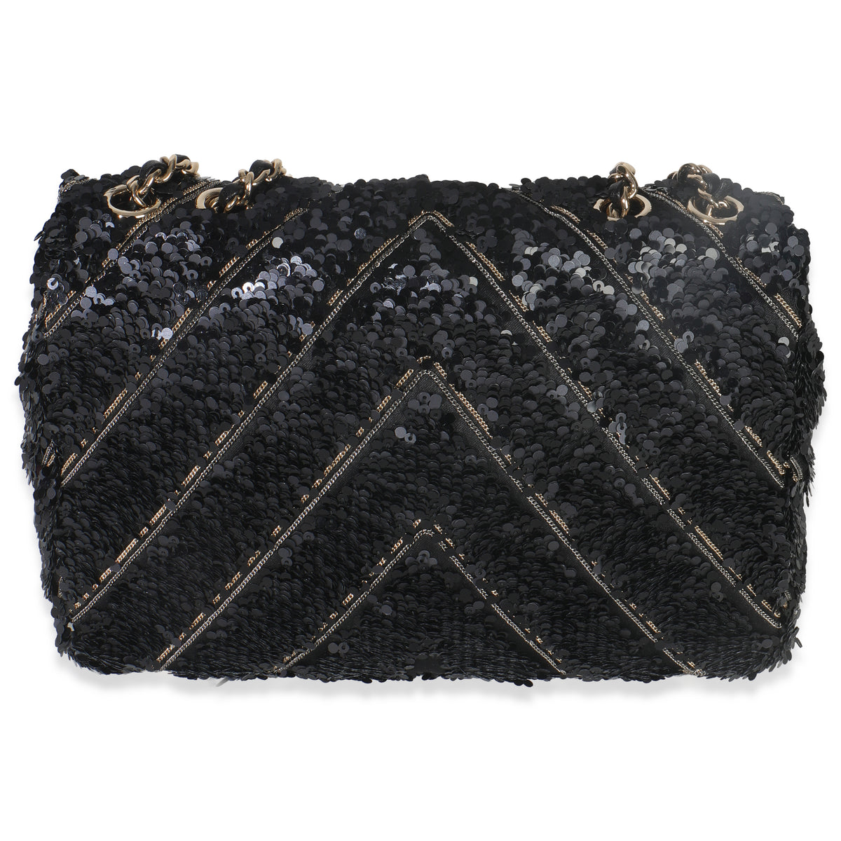Black Silk Sequin Chain Chevron Mini Single Flap Bag