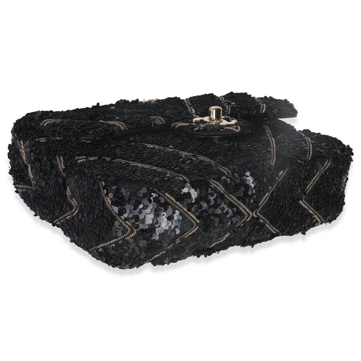Black Silk Sequin Chain Chevron Mini Single Flap Bag