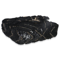 Black Silk Sequin Chain Chevron Mini Single Flap Bag