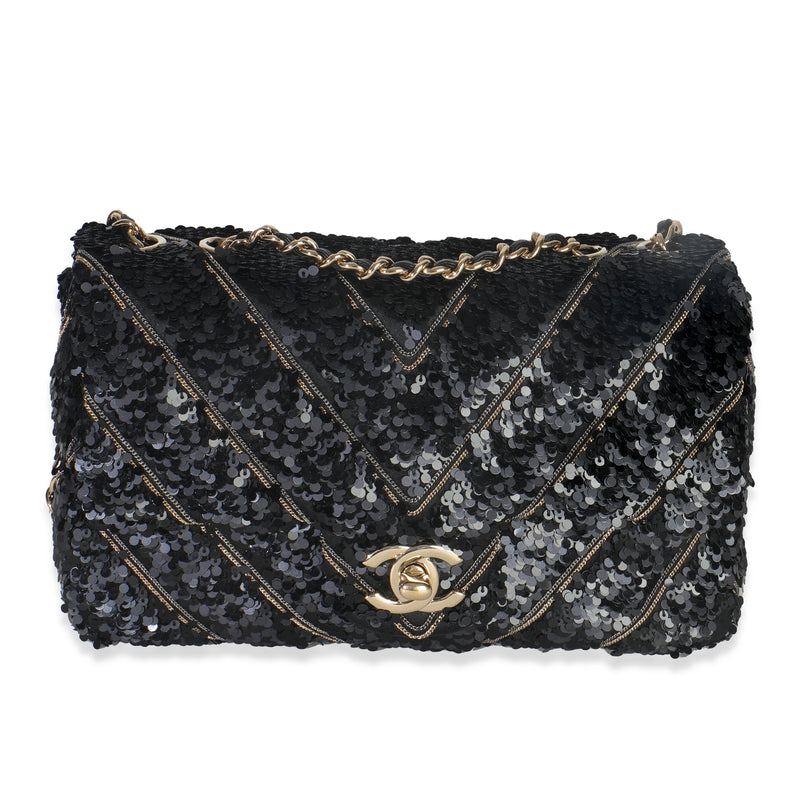 Black Silk Sequin Chain Chevron Mini Single Flap Bag