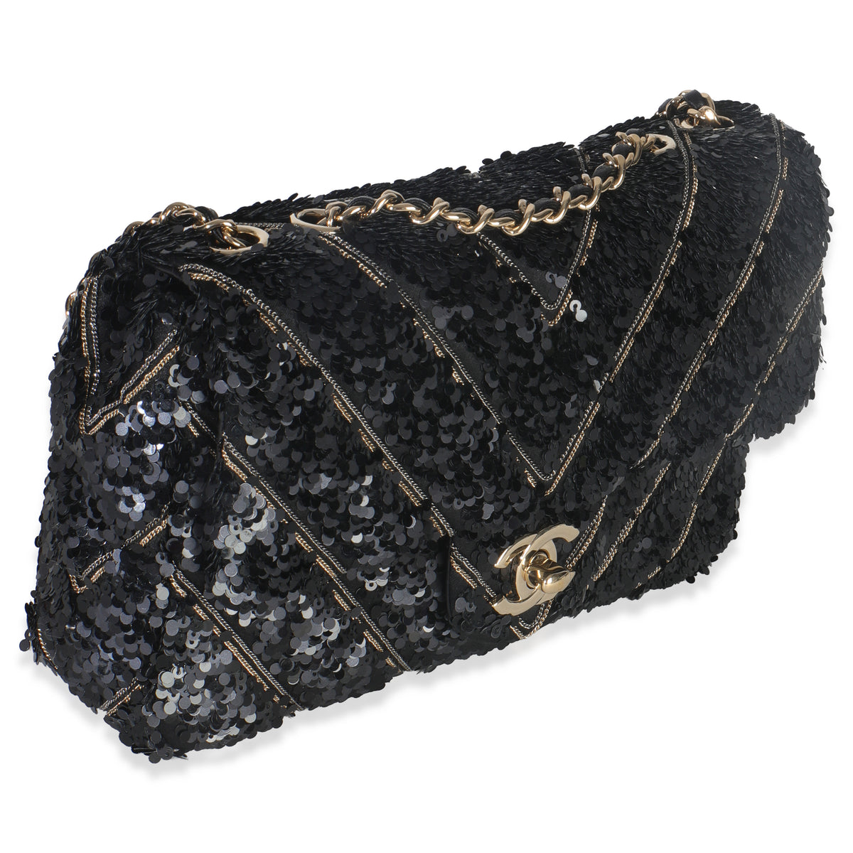 Black Silk Sequin Chain Chevron Mini Single Flap Bag