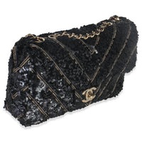 Black Silk Sequin Chain Chevron Mini Single Flap Bag