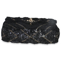 Black Silk Sequin Chain Chevron Mini Single Flap Bag