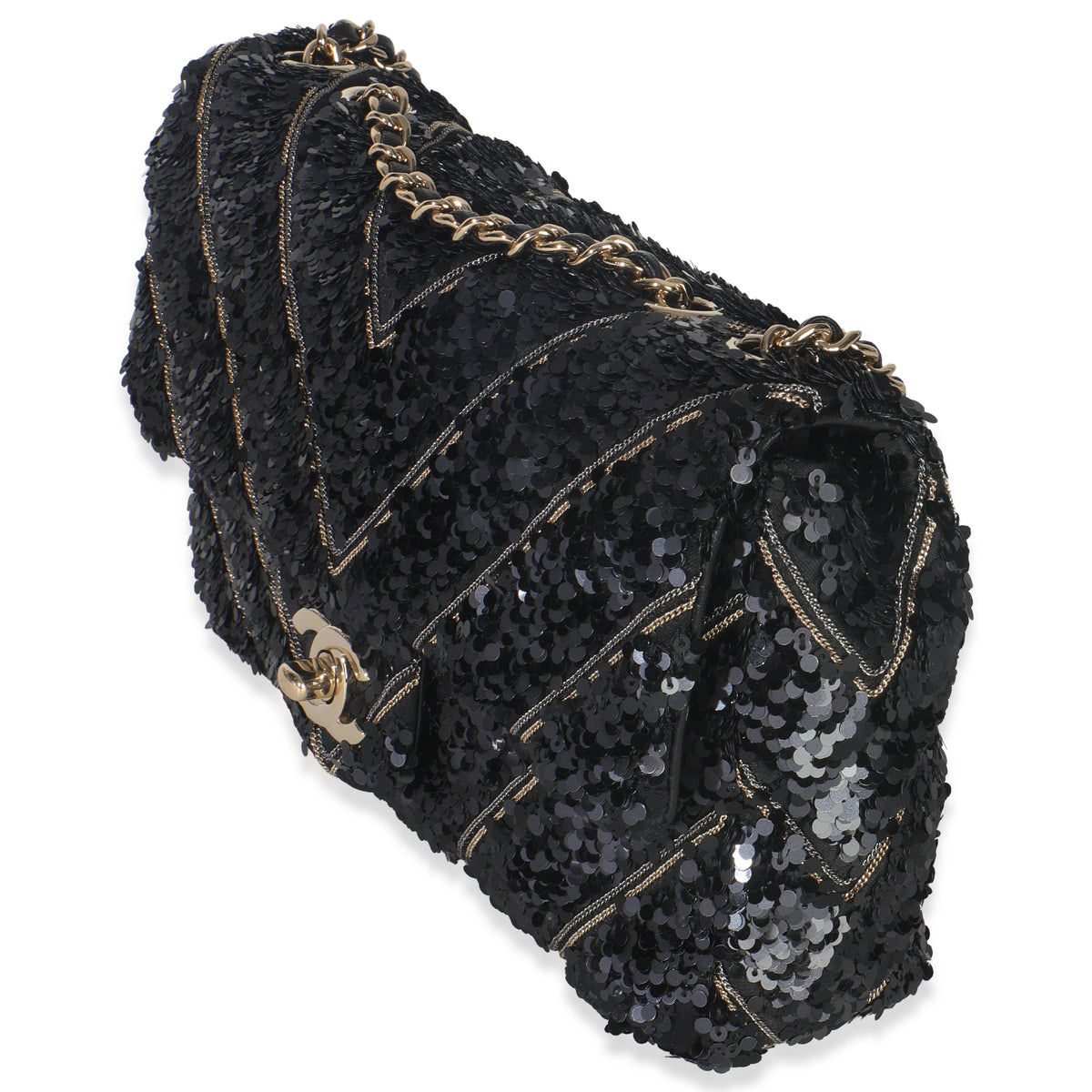 Black Silk Sequin Chain Chevron Mini Single Flap Bag