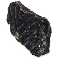 Black Silk Sequin Chain Chevron Mini Single Flap Bag