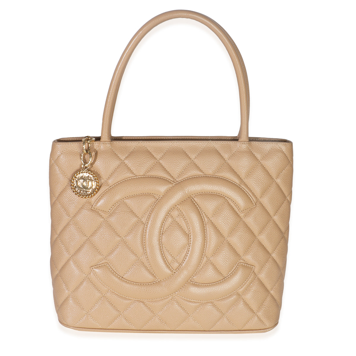 Chanel Beige Quilted Caviar Medallion Tote Handbag fv