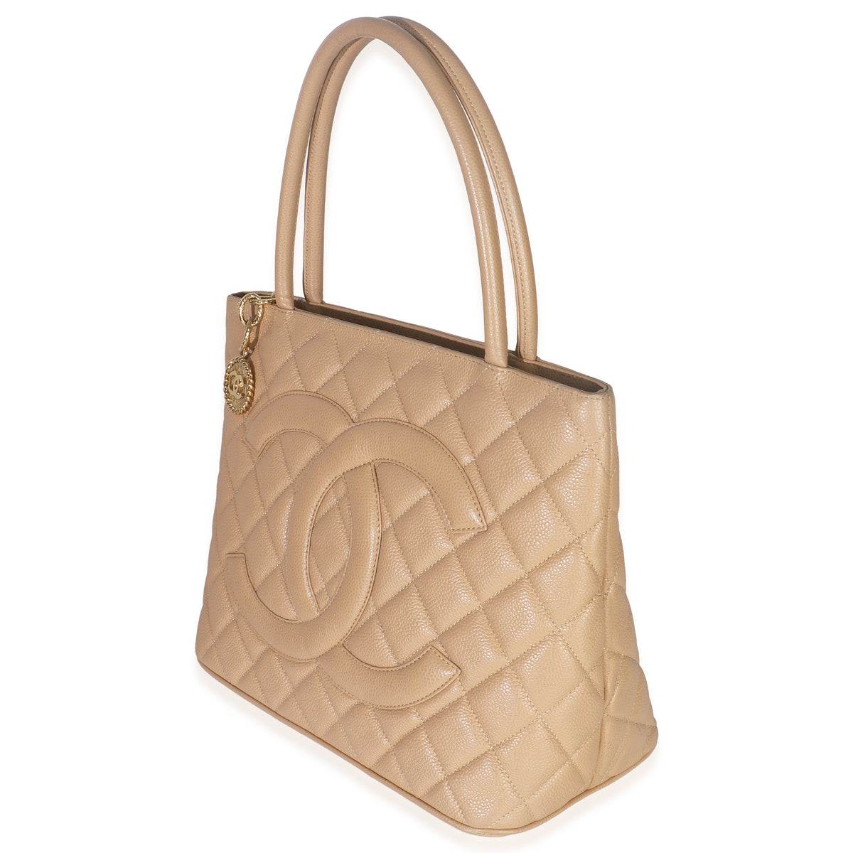 Chanel Beige Quilted Caviar Medallion Tote Handbag sv
