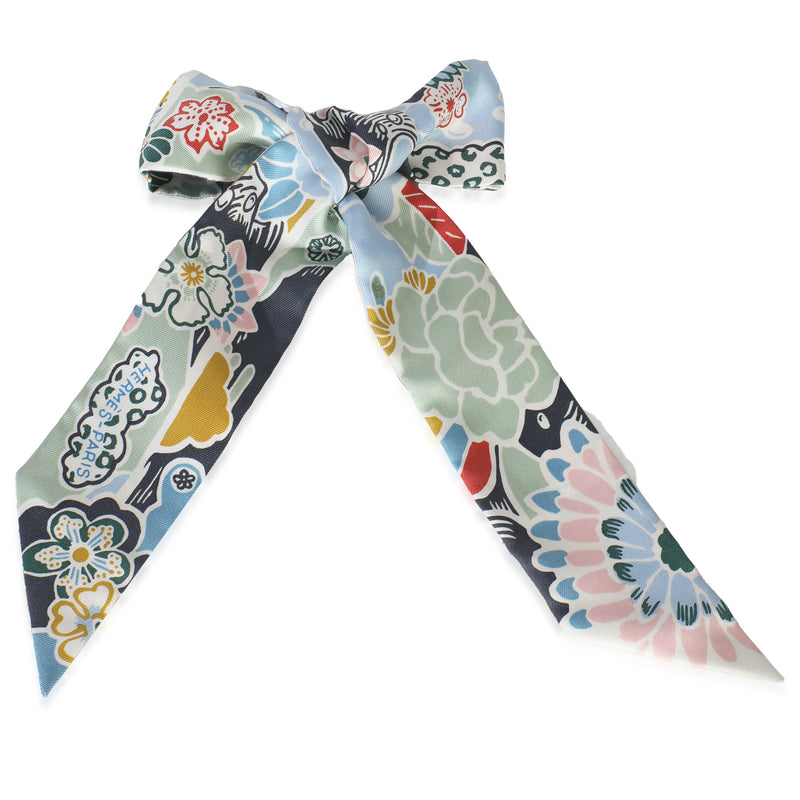 Bleu Ciel Vert Rose Silk Bingata Twilly