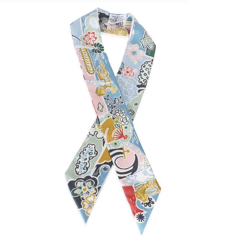 Bleu Ciel Vert Rose Silk Bingata Twilly