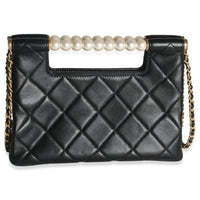 Chanel 25P Black Shiny Quilted Lambskin Pearl Small Shopping Bag Handbag bv