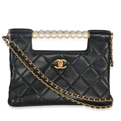Chanel 25P Black Shiny Quilted Lambskin Pearl Small Shopping Bag Handbag fv