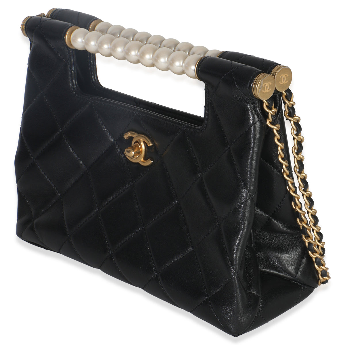 Chanel 25P Black Shiny Quilted Lambskin Pearl Small Shopping Bag Handbag sv