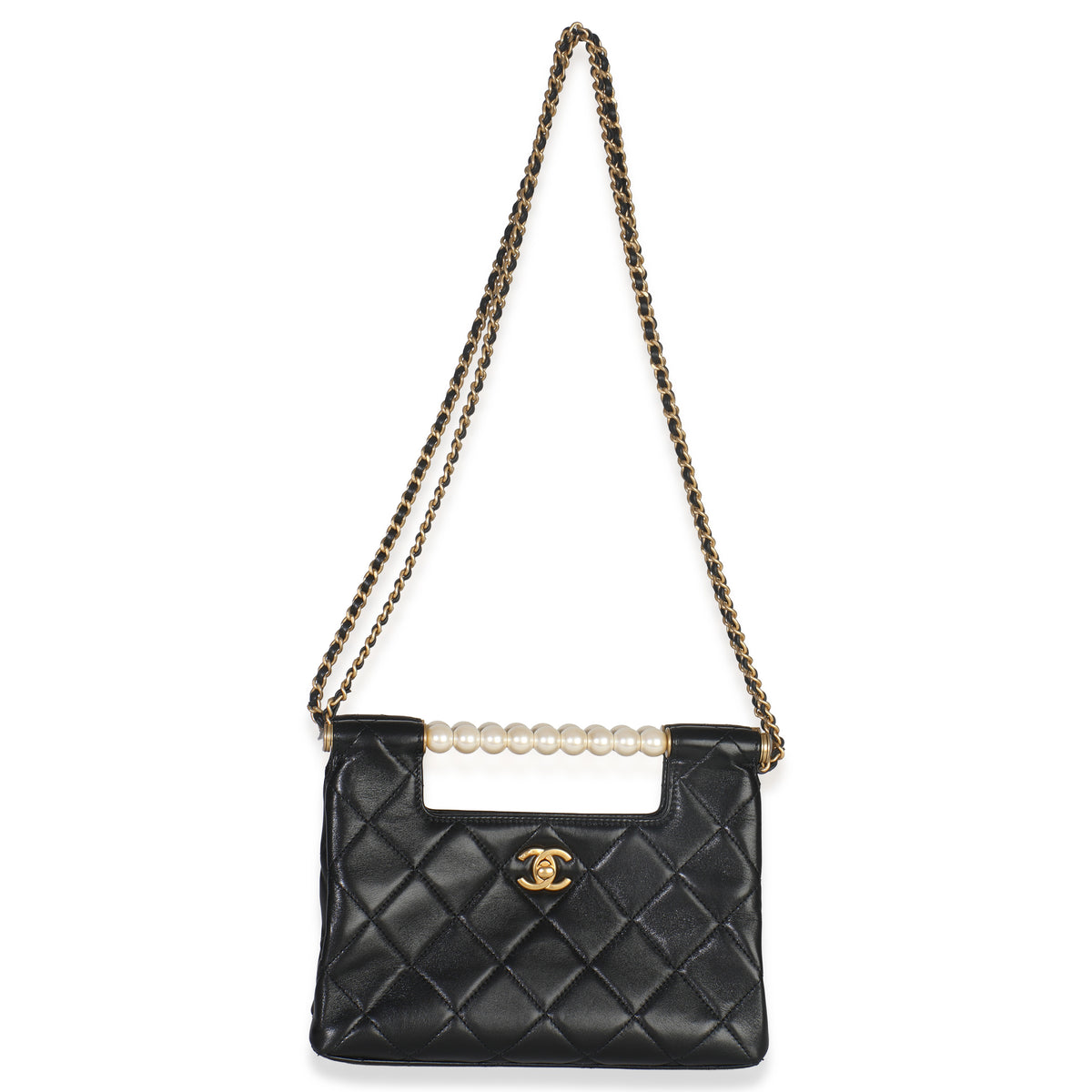 25P Black Shiny Quilted Lambskin Pearl Small Shopping Bag