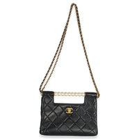 25P Black Shiny Quilted Lambskin Pearl Small Shopping Bag