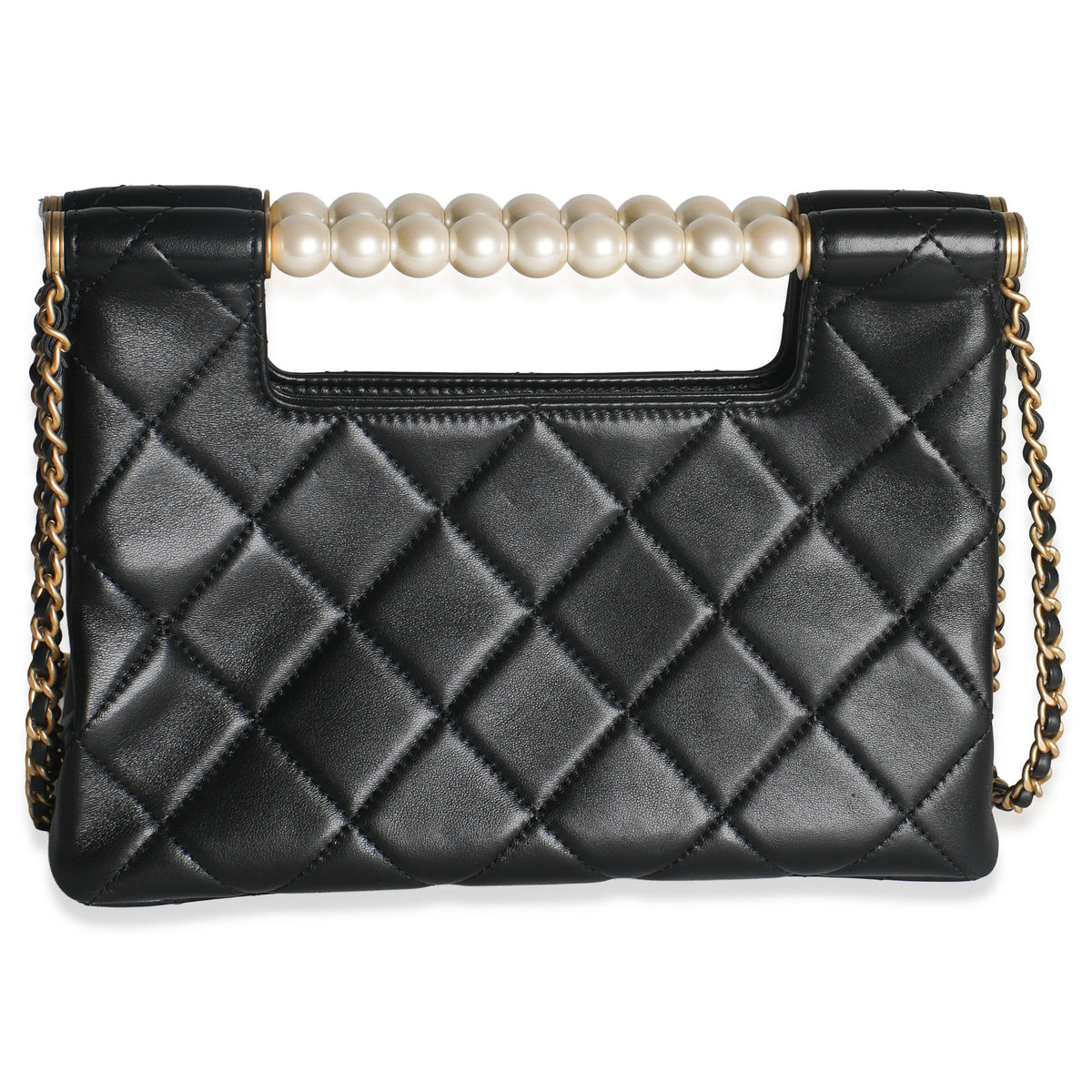 25P Black Shiny Quilted Lambskin Pearl Small Shopping Bag