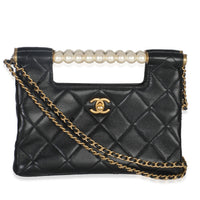25P Black Shiny Quilted Lambskin Pearl Small Shopping Bag