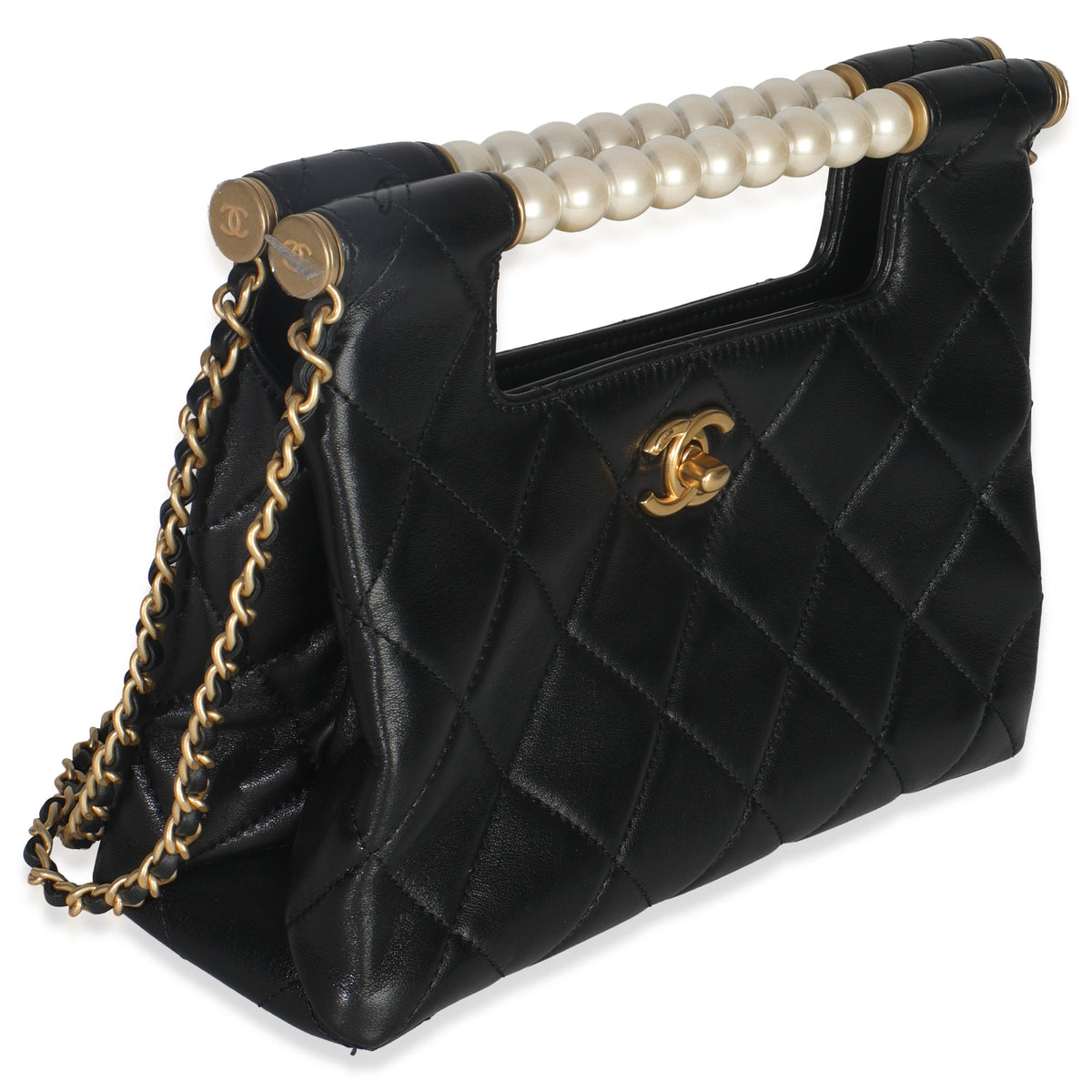 25P Black Shiny Quilted Lambskin Pearl Small Shopping Bag