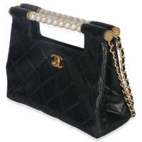 25P Black Shiny Quilted Lambskin Pearl Small Shopping Bag