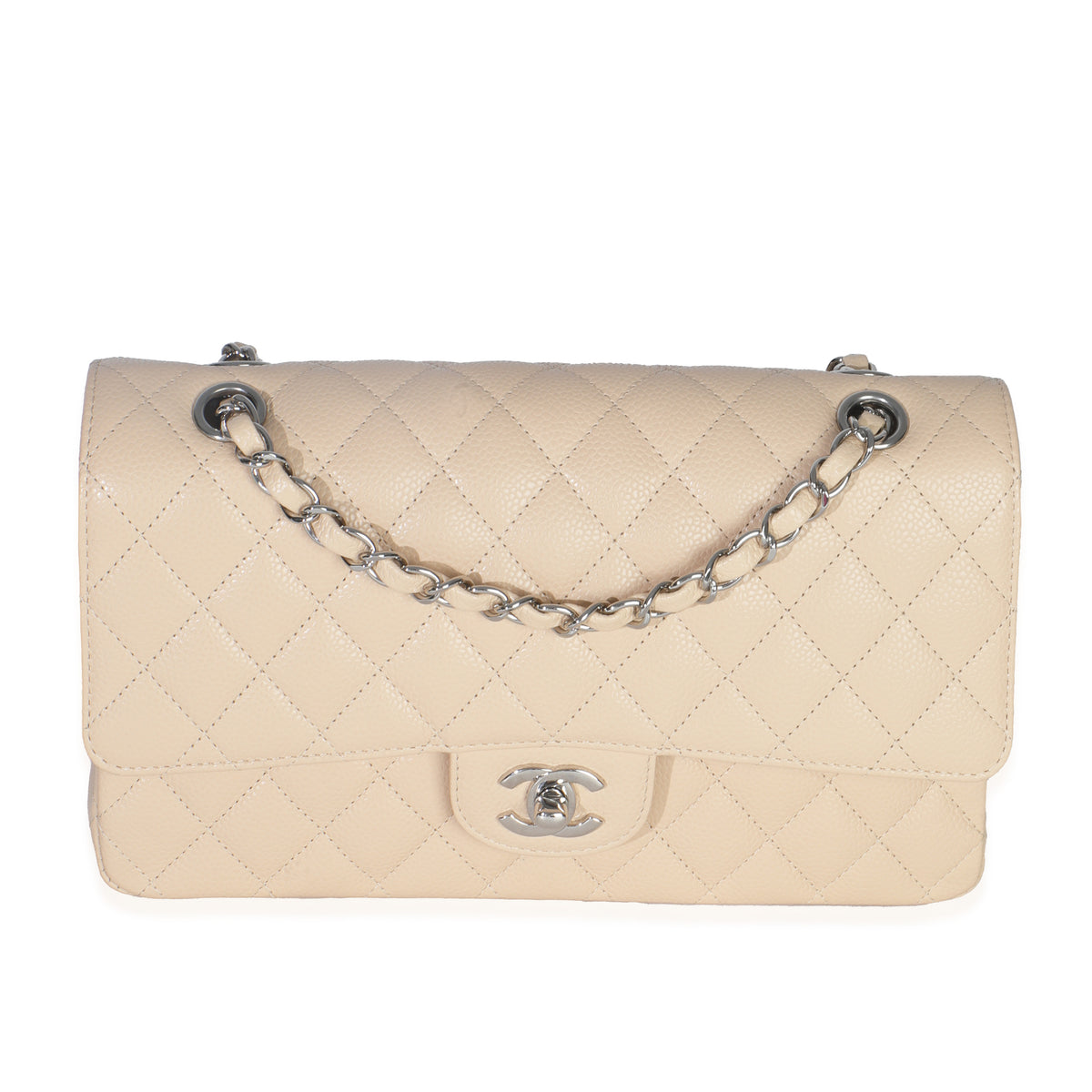 Beige Quilted Caviar Medium Classic Double Flap Bag