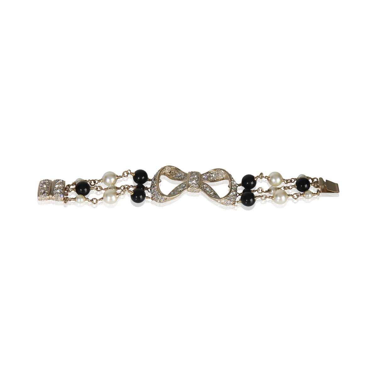 Gold-Plated  2010 Strass Bow Bracelet With Bead & Faux Pearls Bracelet