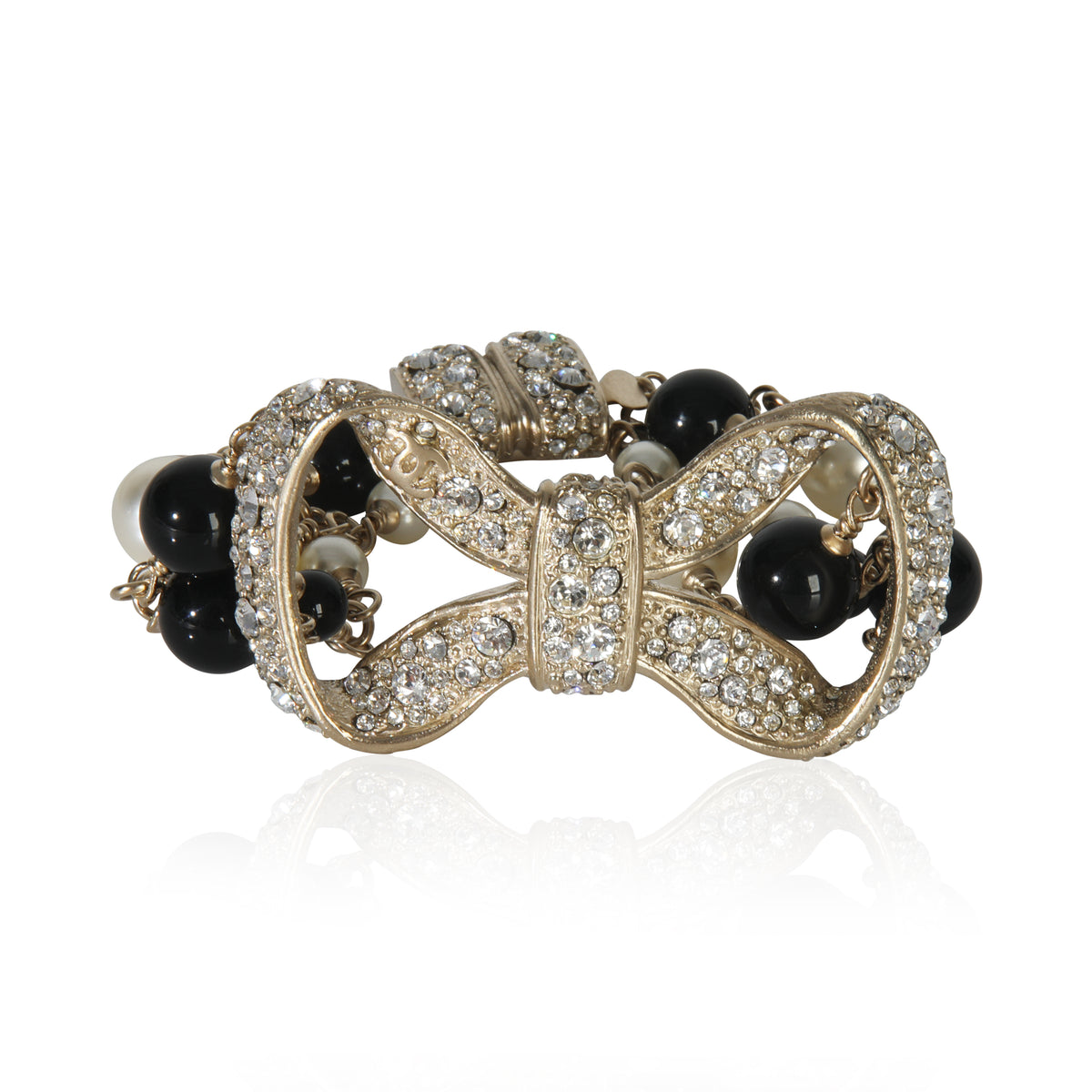 Gold-Plated  2010 Strass Bow Bracelet With Bead & Faux Pearls Bracelet