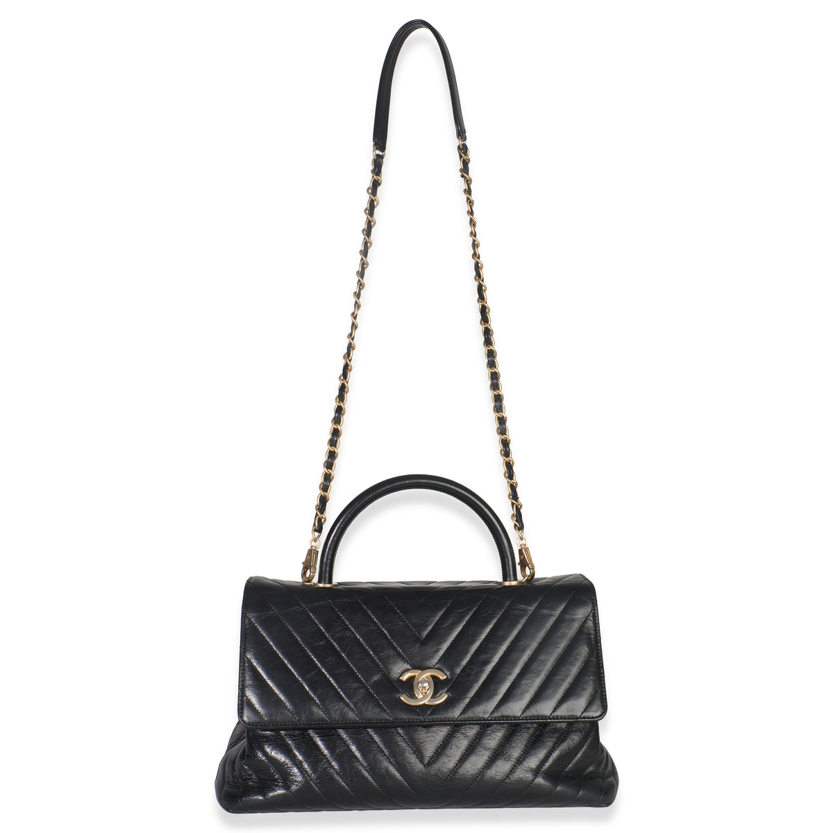 Chanel Black Chevron Aged Calfskin Large Coco Top Handle Bag Handbag ad1