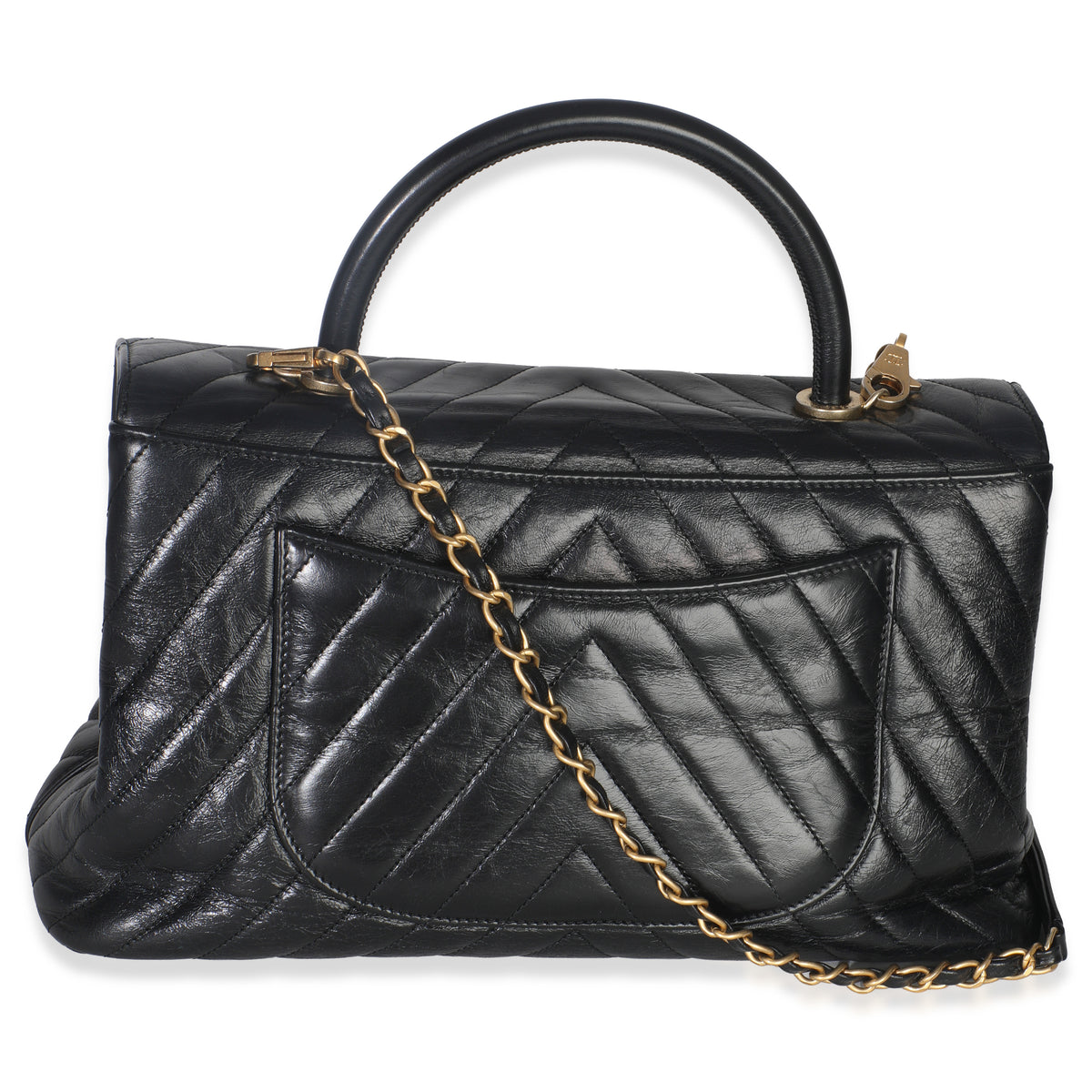 Chanel Black Chevron Aged Calfskin Large Coco Top Handle Bag Handbag bv