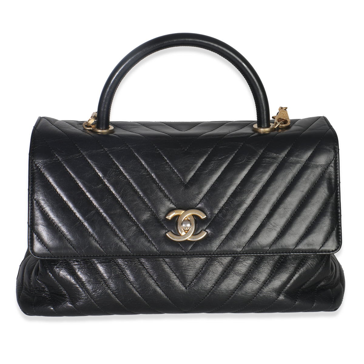 Chanel Black Chevron Aged Calfskin Large Coco Top Handle Bag Handbag fv