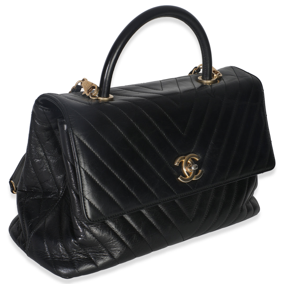Chanel Black Chevron Aged Calfskin Large Coco Top Handle Bag Handbag pv