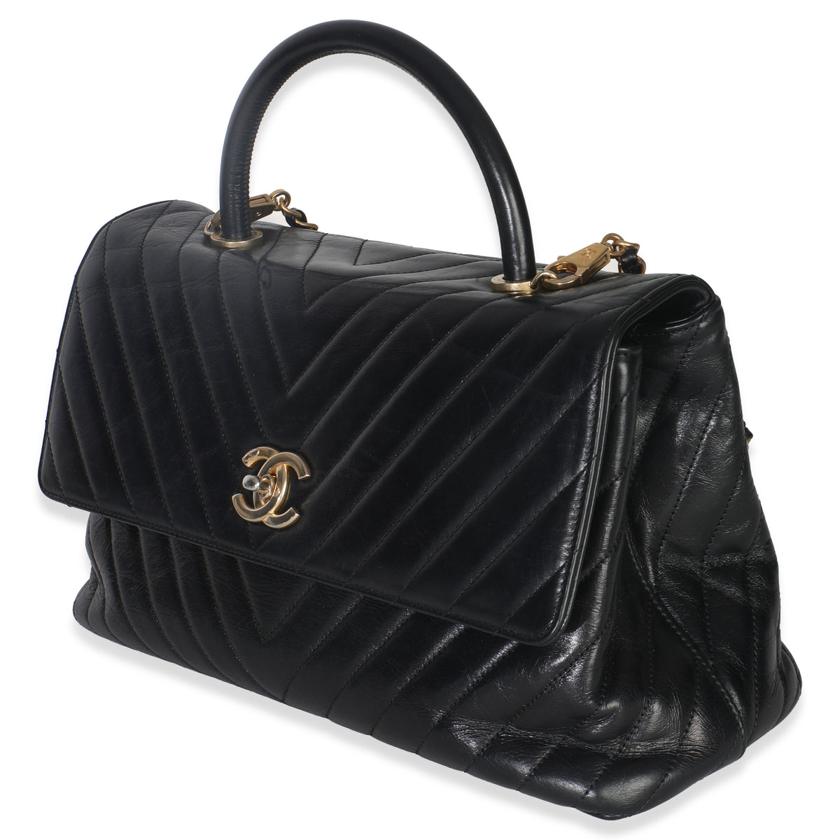 Chanel Black Chevron Aged Calfskin Large Coco Top Handle Bag Handbag sv