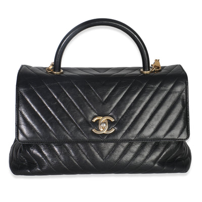 Chanel Black Chevron Aged Calfskin Large Coco Top Handle Bag Handbag fv