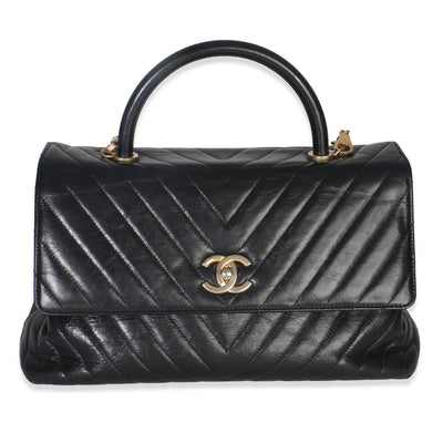 Black Chevron Aged Calfskin Large Coco Top Handle Bag