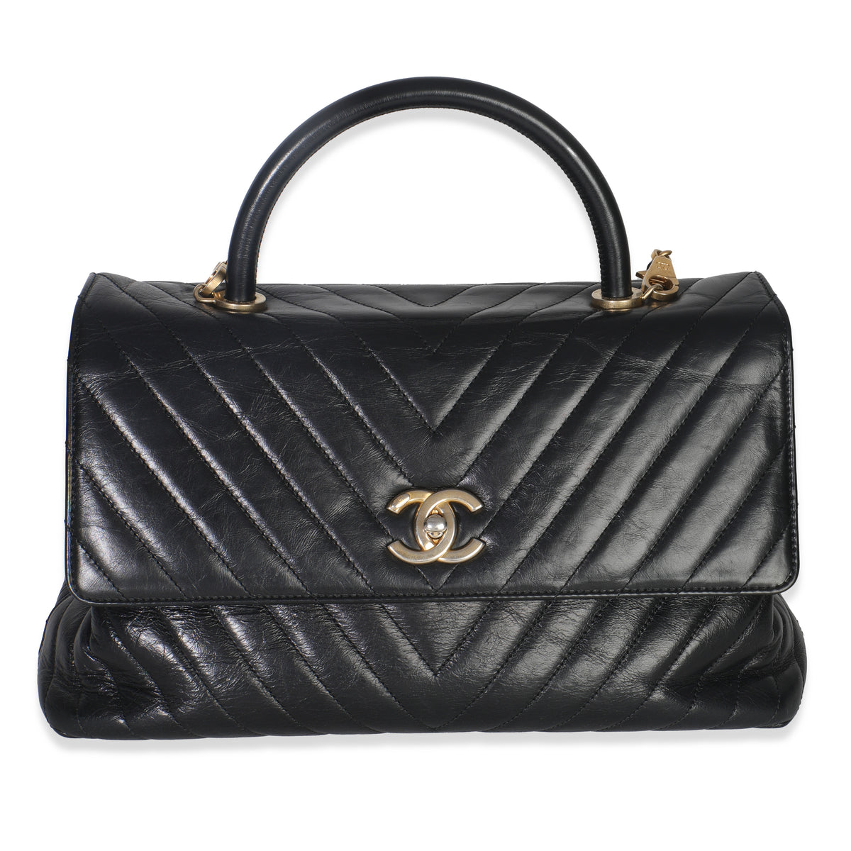 Black Chevron Aged Calfskin Large Coco Top Handle Bag