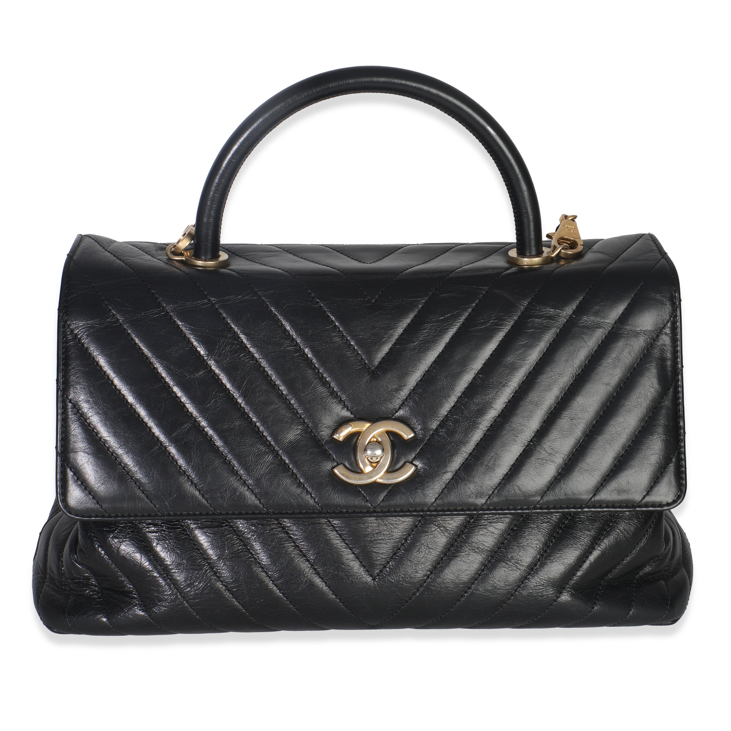 Chanel Black Chevron Aged Calfskin Large Coco Top Handle Bag