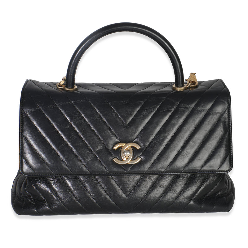 Black Chevron Aged Calfskin Large Coco Top Handle Bag
