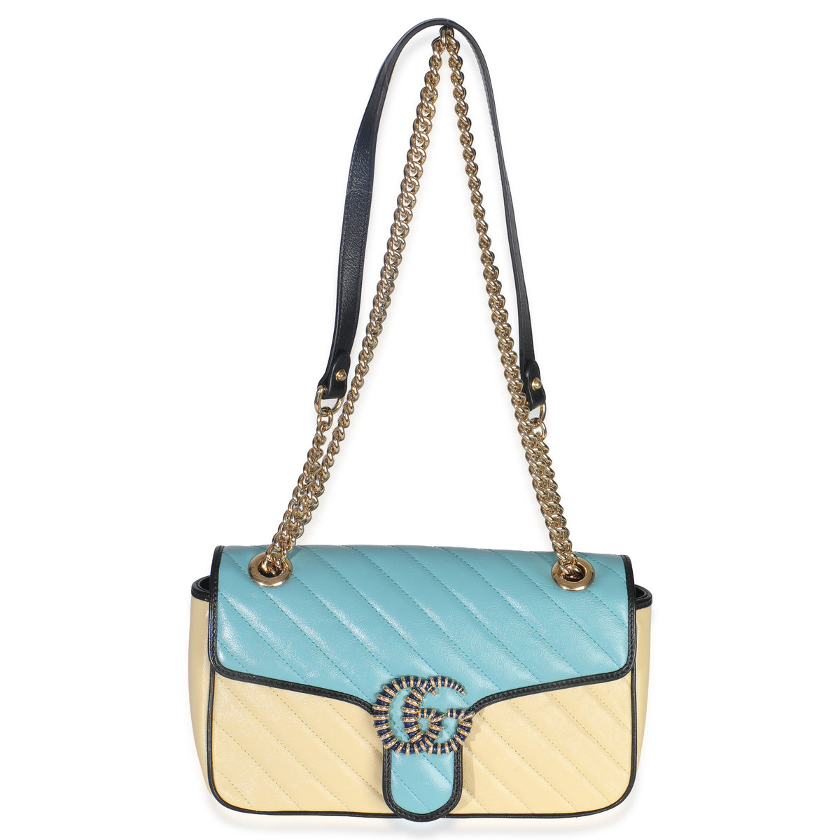 Gucci Blue Yellow Calfskin Matelasse Diagonal Torchon Small GG Marmont Bag Handbag av