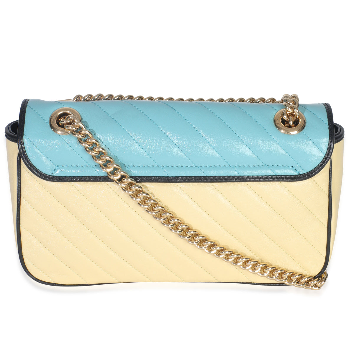 Gucci Blue Yellow Calfskin Matelasse Diagonal Torchon Small GG Marmont Bag Handbag bv
