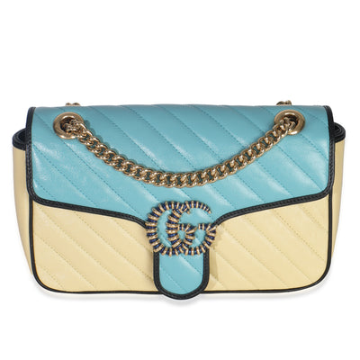 Gucci Blue Yellow Calfskin Matelasse Diagonal Torchon Small GG Marmont Bag Handbag fv