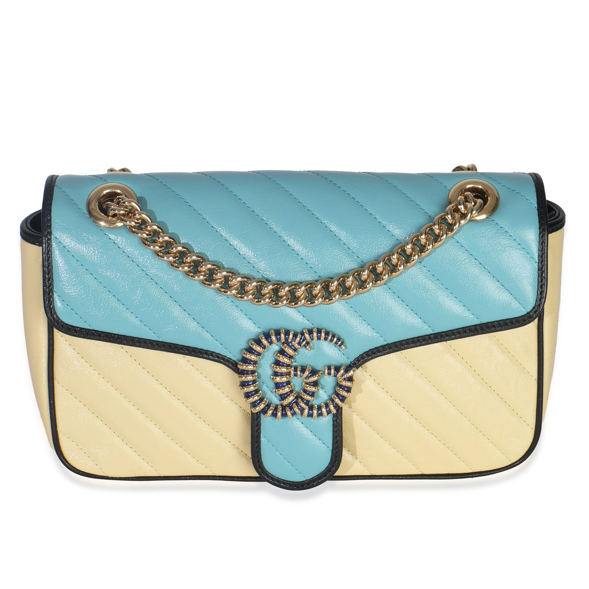 Gucci Blue Yellow Calfskin Matelasse Diagonal Torchon Small GG Marmont Bag Handbag fv