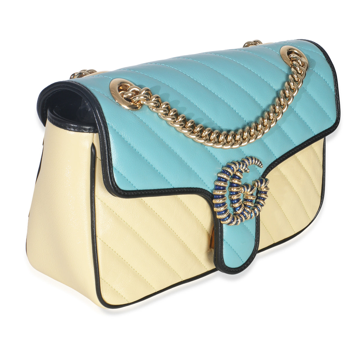 Gucci Blue Yellow Calfskin Matelasse Diagonal Torchon Small GG Marmont Bag Handbag pv