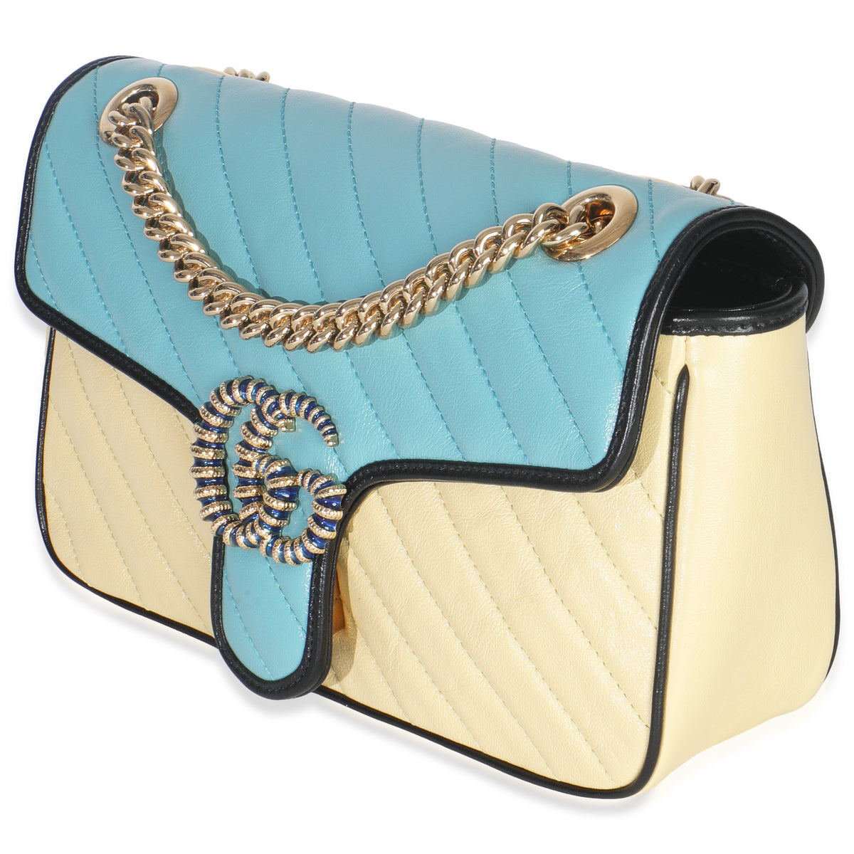 Gucci Blue Yellow Calfskin Matelasse Diagonal Torchon Small GG Marmont Bag Handbag sv