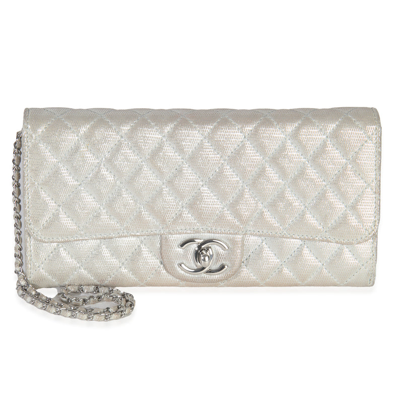 Silver Metallic Quilted Nubuck East West Clutch On Chain